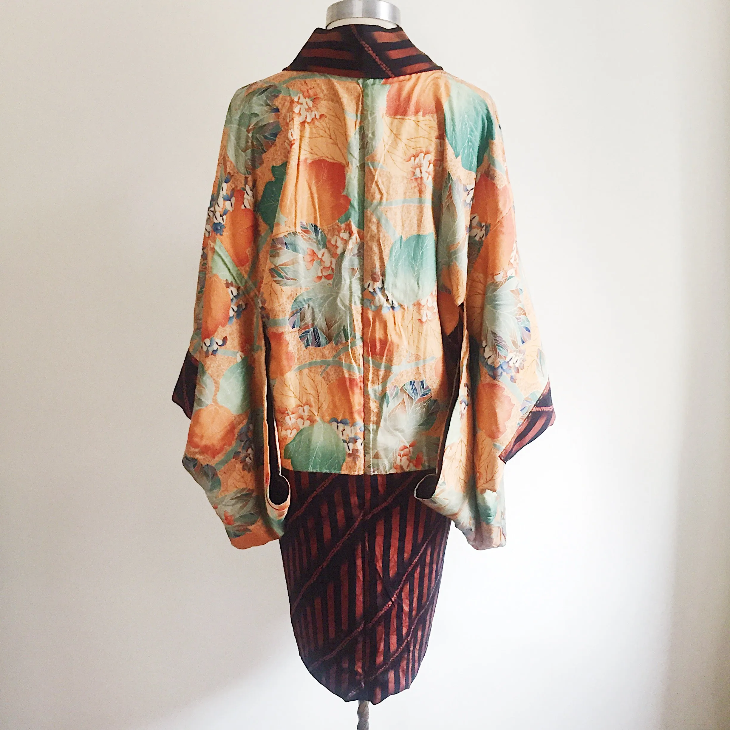 Antique Kimono Haori Jacket - Diagonal & Straight Stripes/ Mahogany & Black