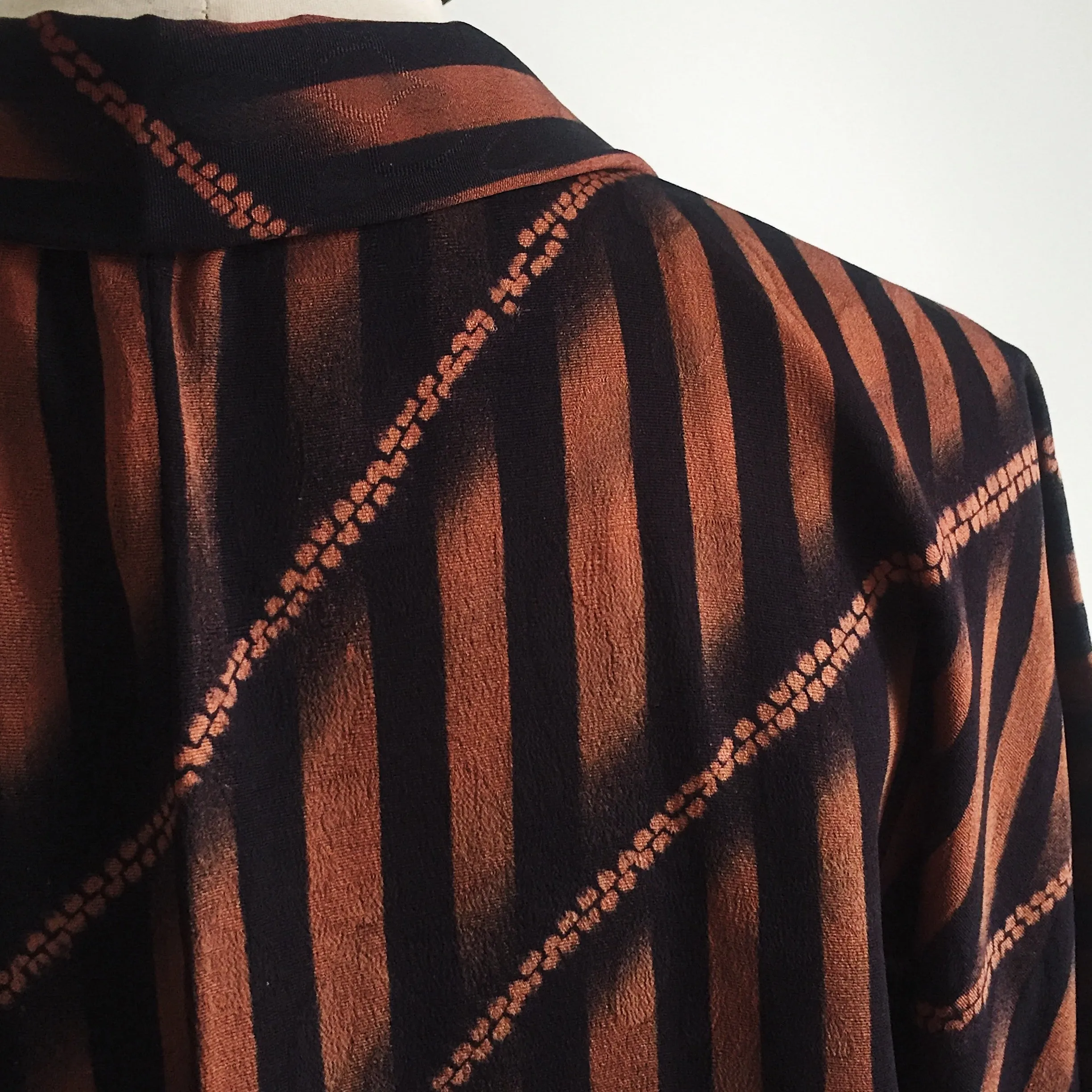 Antique Kimono Haori Jacket - Diagonal & Straight Stripes/ Mahogany & Black