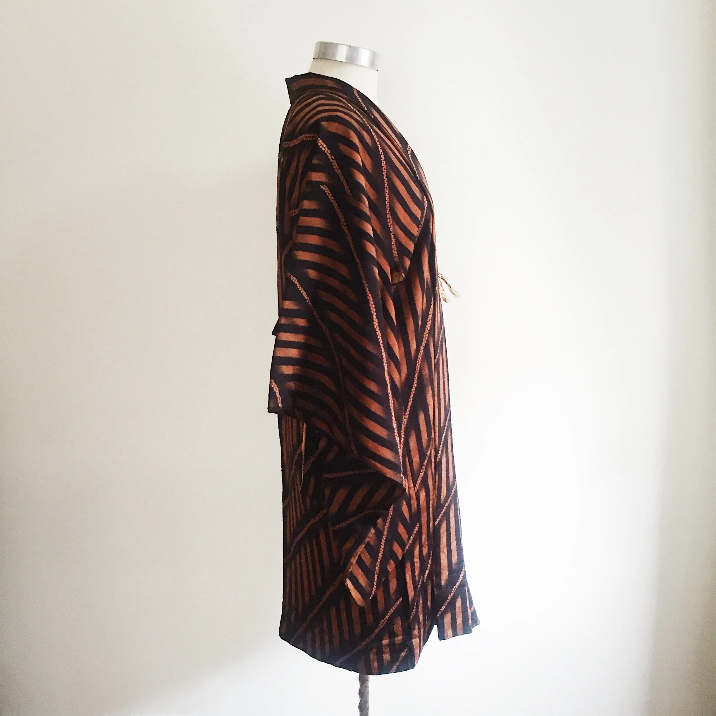 Antique Kimono Haori Jacket - Diagonal & Straight Stripes/ Mahogany & Black