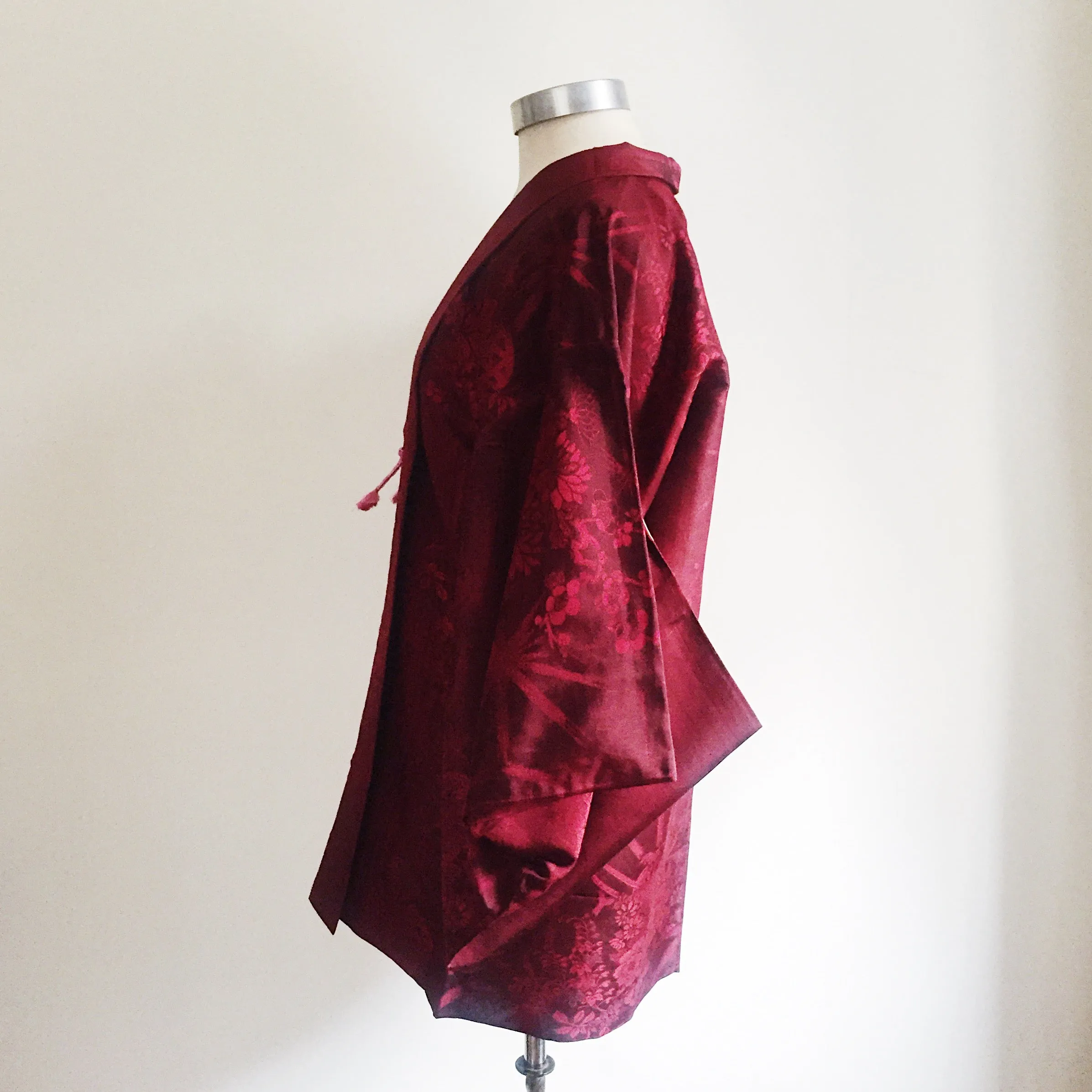 Antique Kimono Haori Jacket - Peony Cart & Stars/ Cherry Red Damask