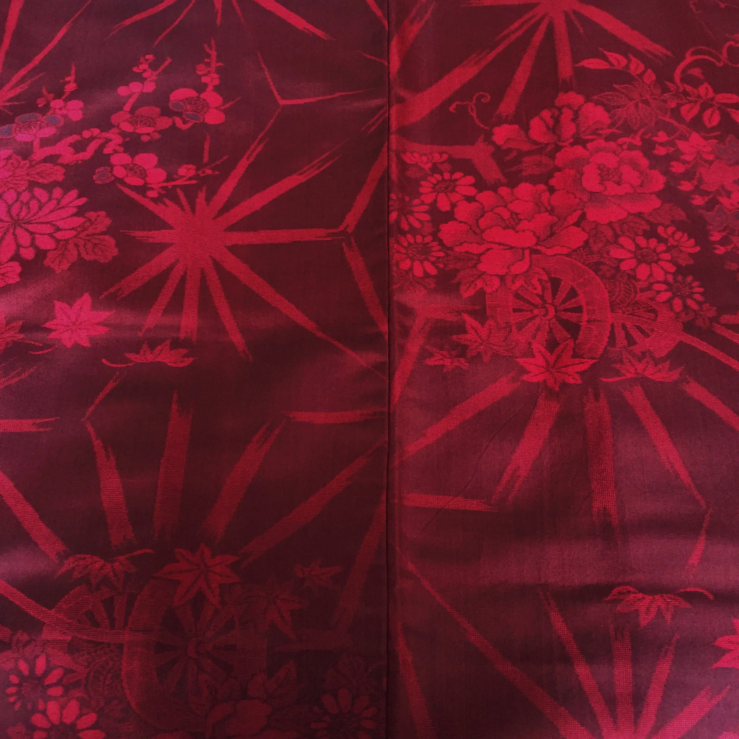 Antique Kimono Haori Jacket - Peony Cart & Stars/ Cherry Red Damask