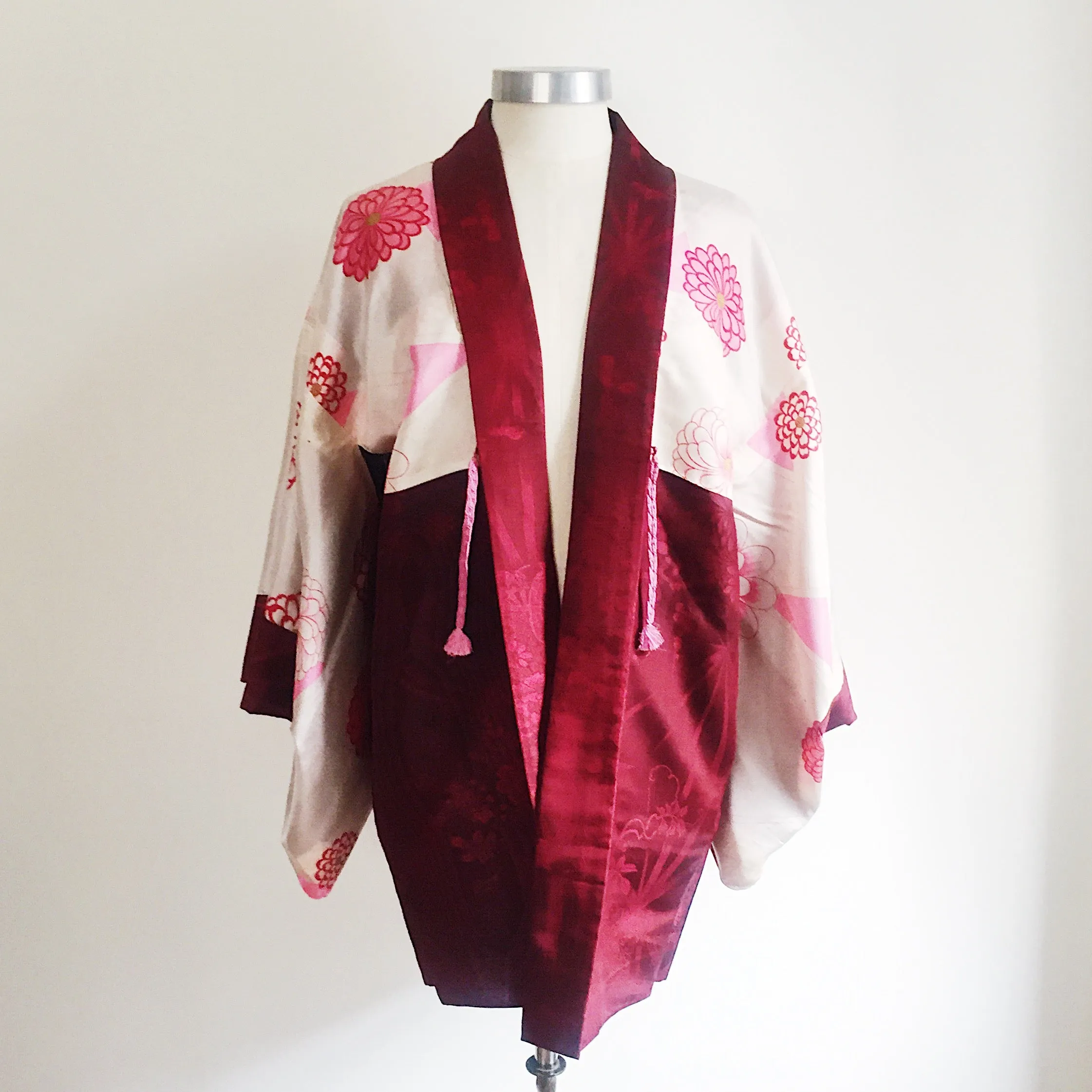 Antique Kimono Haori Jacket - Peony Cart & Stars/ Cherry Red Damask