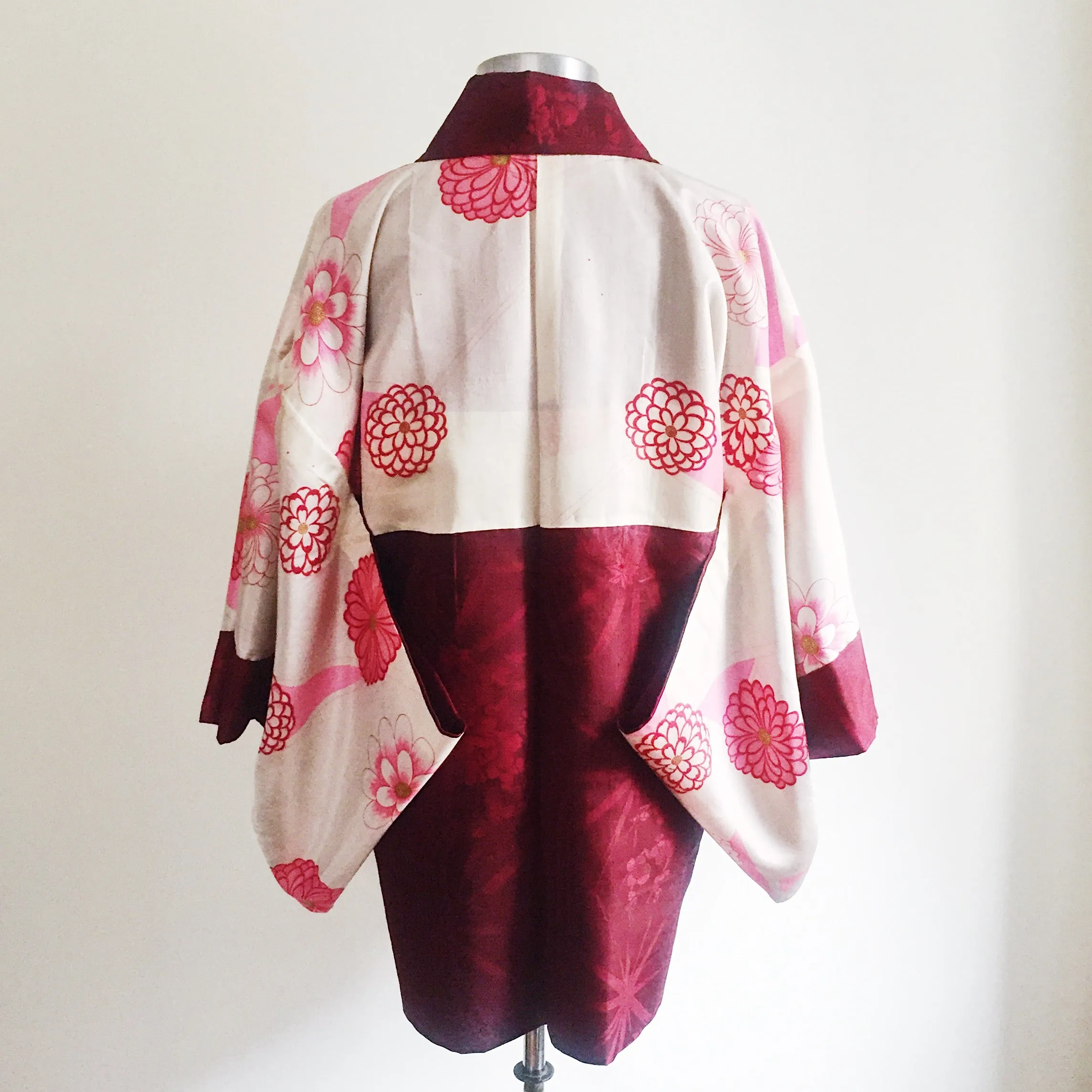 Antique Kimono Haori Jacket - Peony Cart & Stars/ Cherry Red Damask