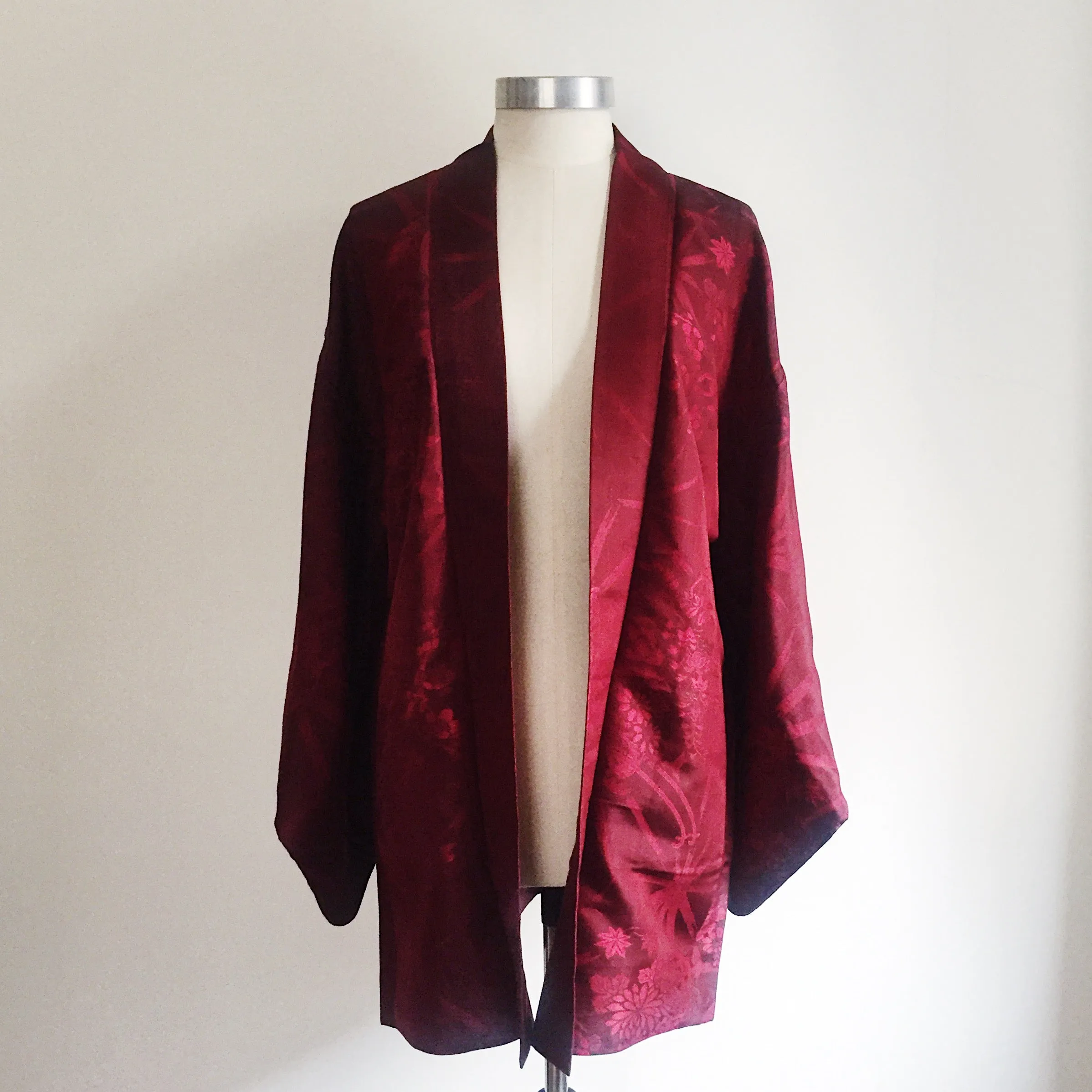 Antique Kimono Haori Jacket - Peony Cart & Stars/ Cherry Red Damask