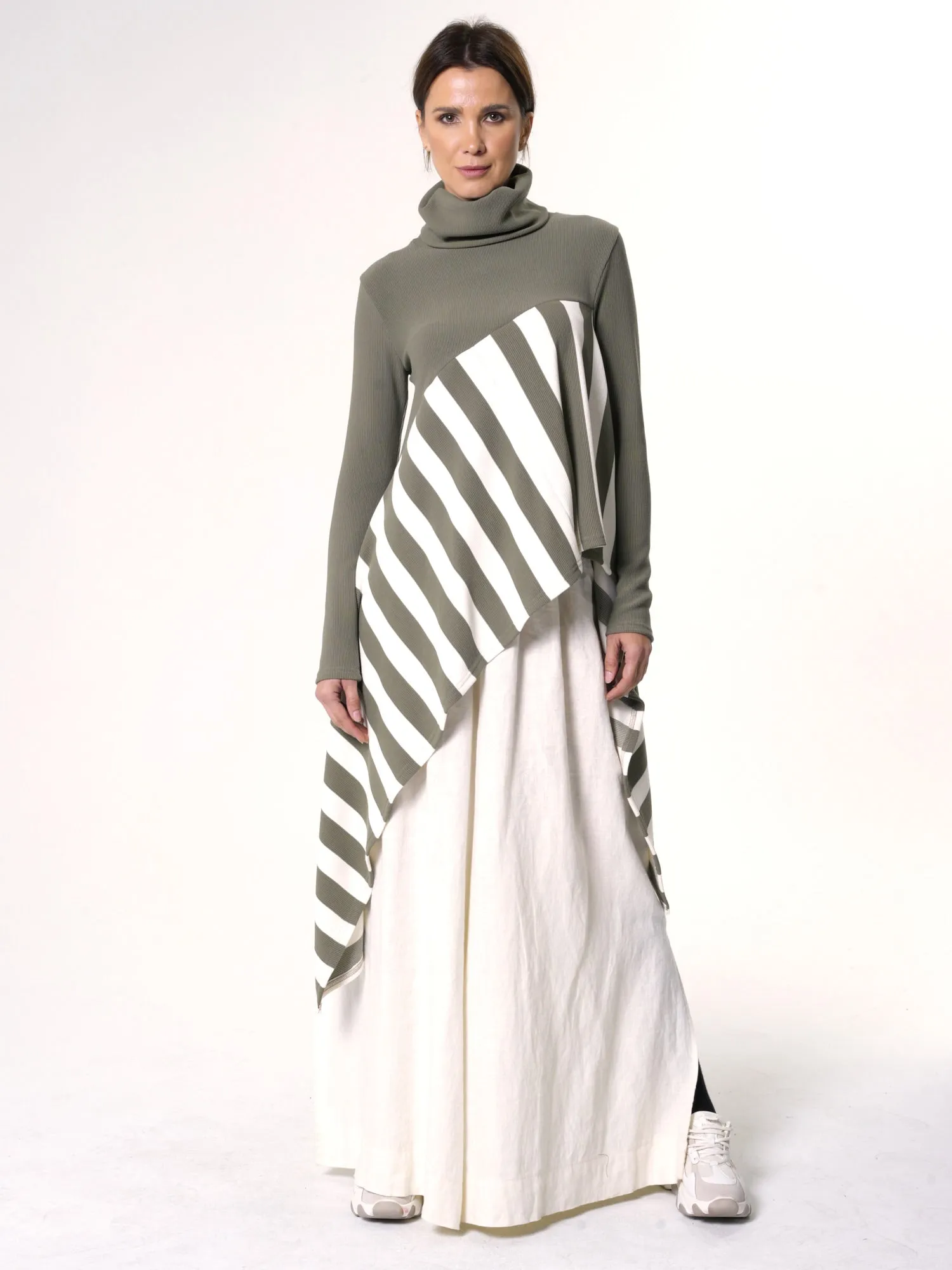 Asymmetric Striped Tunic In Black and White