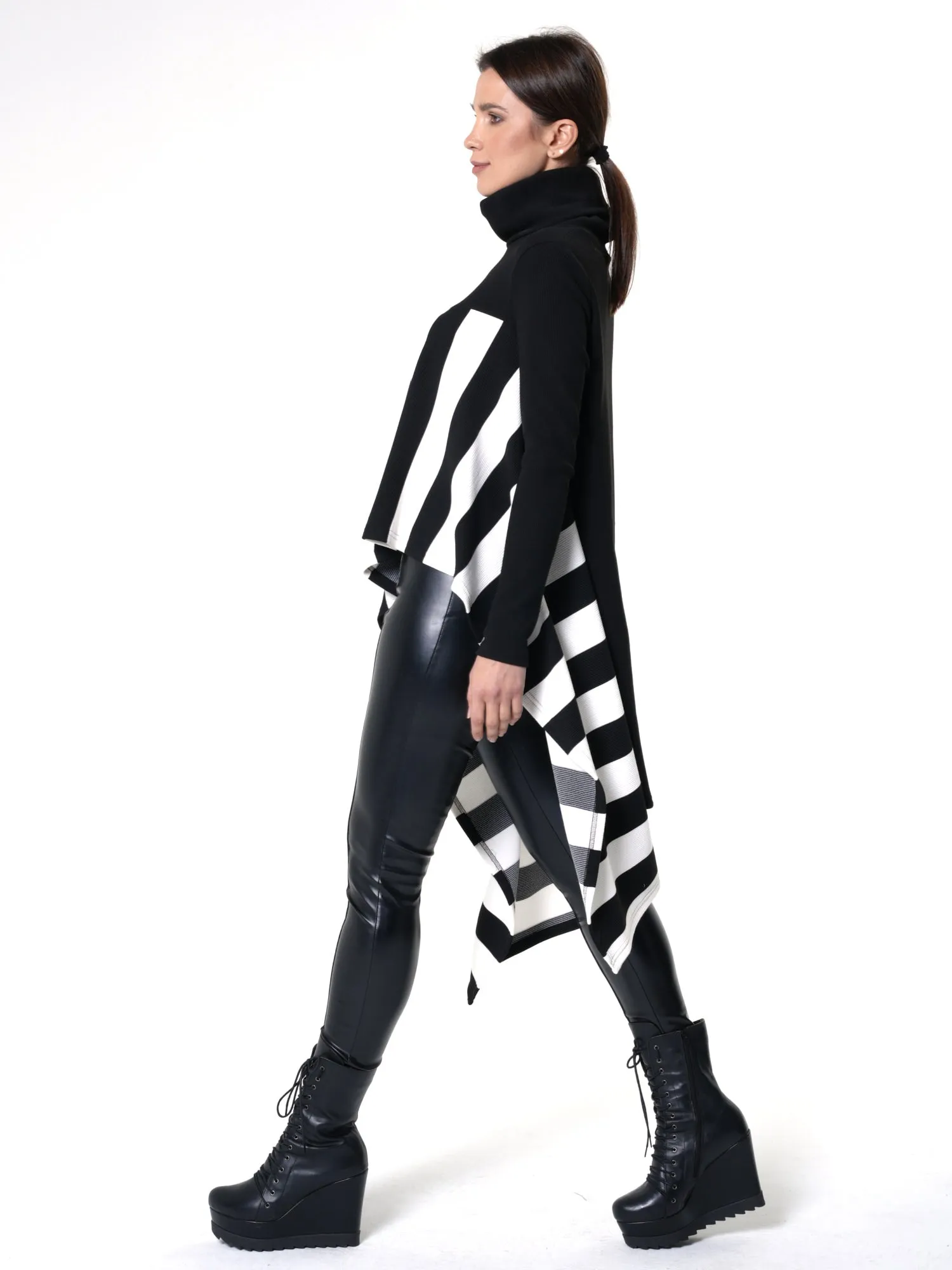 Asymmetric Striped Tunic In Black and White