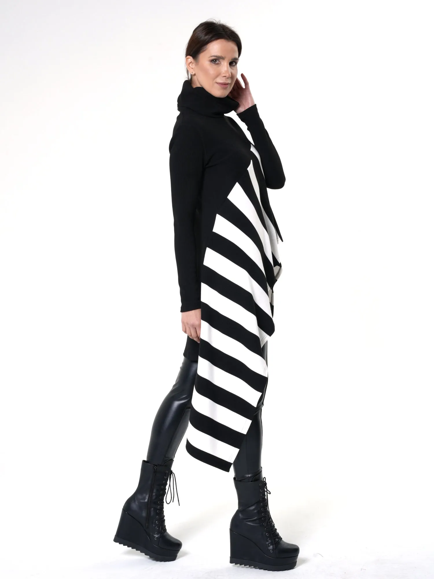 Asymmetric Striped Tunic In Black and White