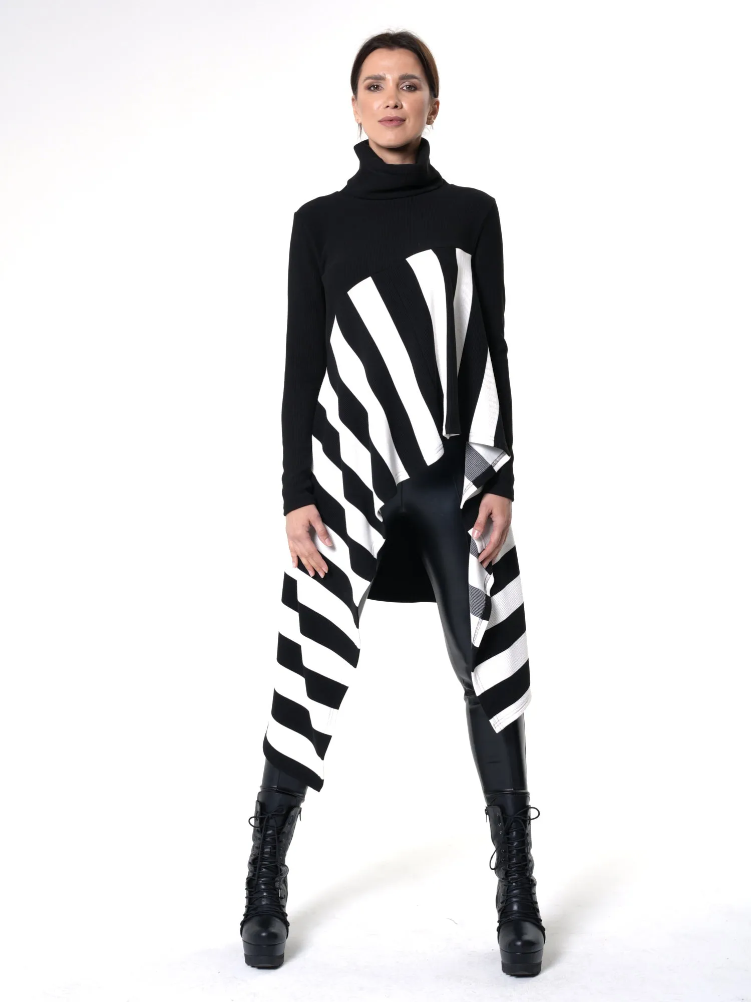 Asymmetric Striped Tunic In Black and White