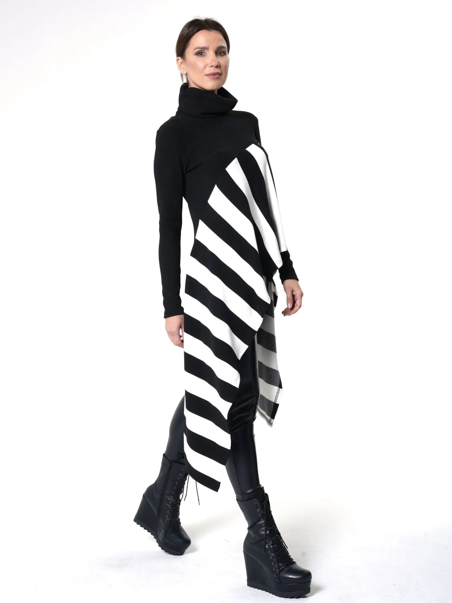 Asymmetric Striped Tunic In Black and White