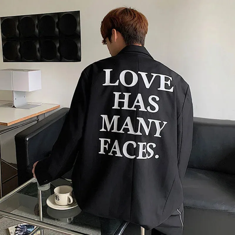 Autumn Men's Blazer Casual Back Letter Printing Design Shoulder Pads Loose Tops Korean Trendy Male Suit Jacket 9C6746