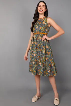 Blue Cotton Floral Printed Midi Dress