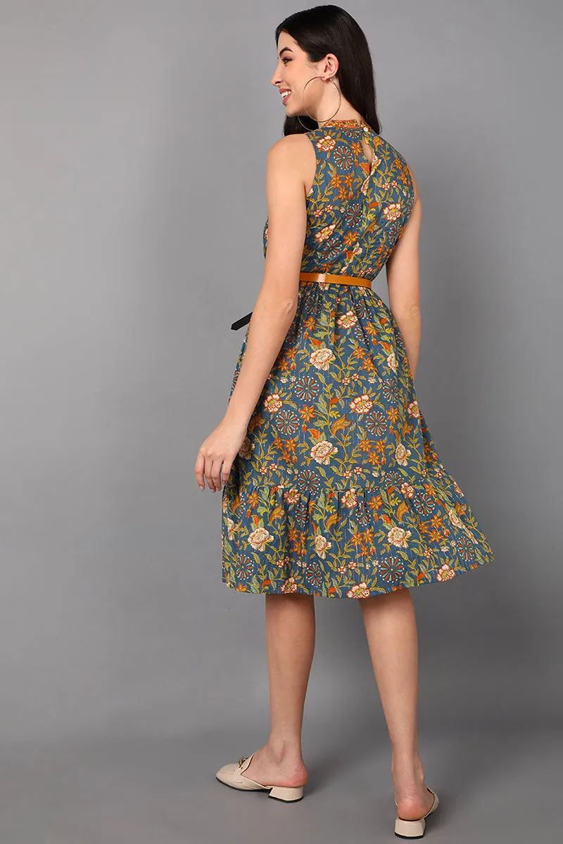 Blue Cotton Floral Printed Midi Dress