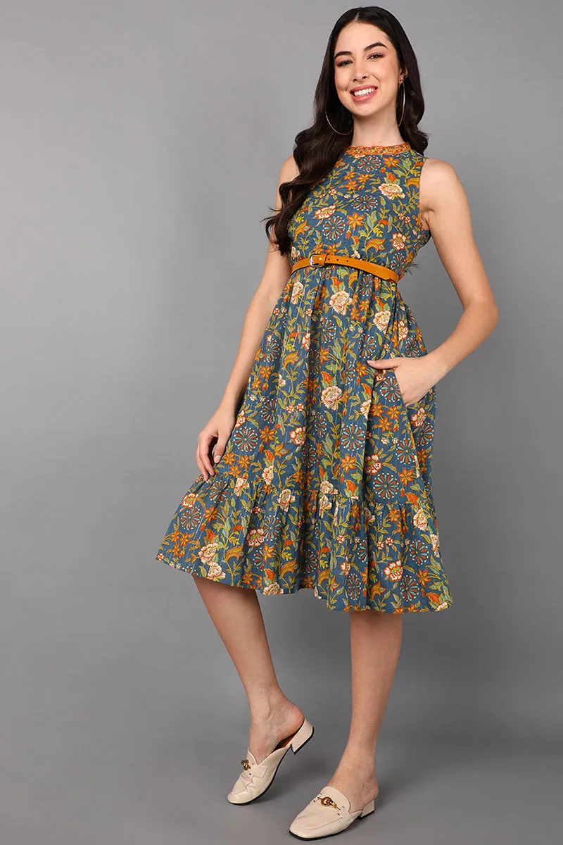 Blue Cotton Floral Printed Midi Dress