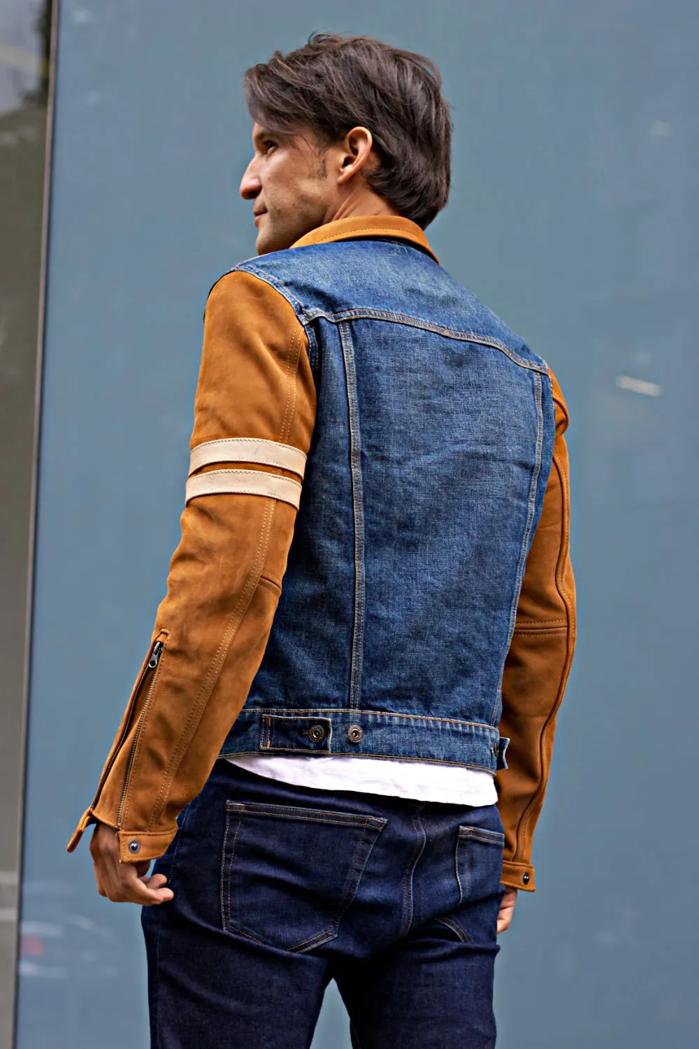 BROOKLYN HM2 Heroes Motor Edition Jean & Suede Jacket Blue Denim & Brown Sleeves with Tan Stripes