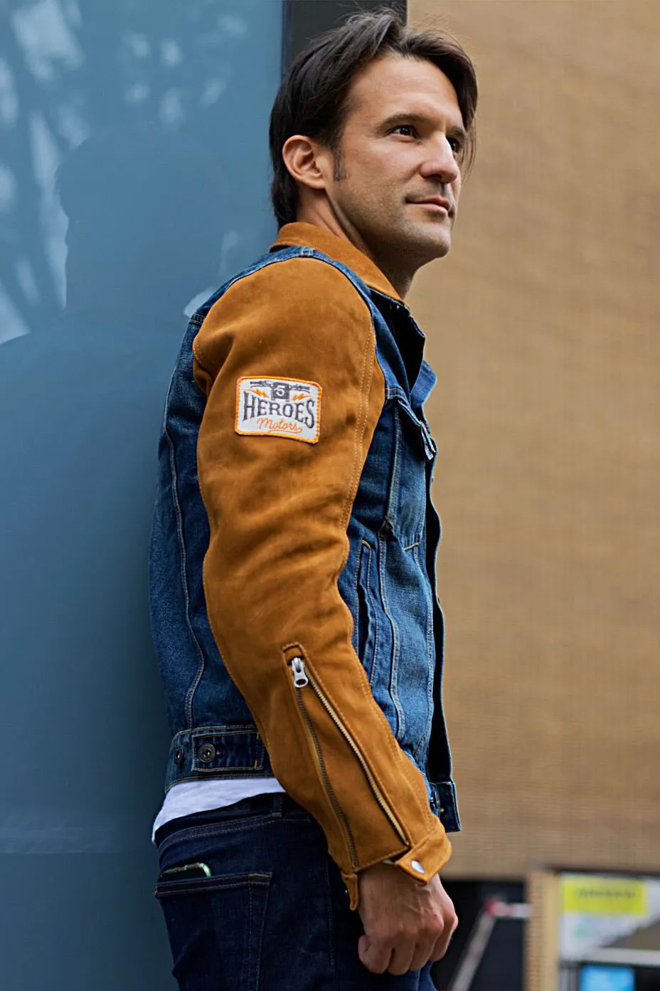 BROOKLYN HM2 Heroes Motor Edition Jean & Suede Jacket Blue Denim & Brown Sleeves with Tan Stripes