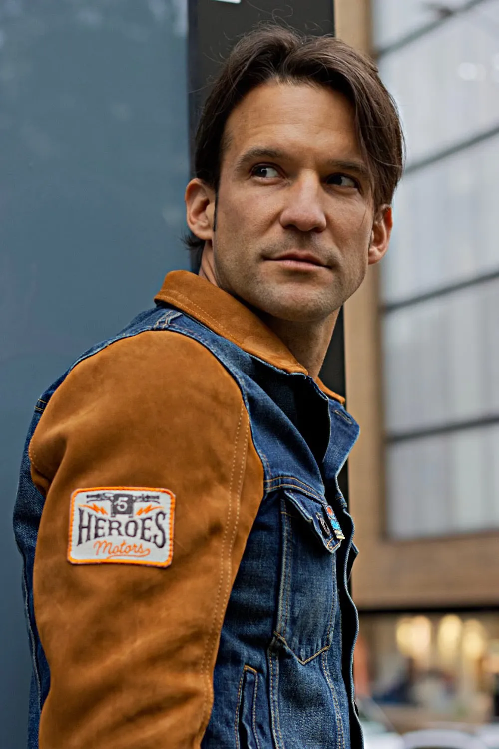 BROOKLYN HM2 Heroes Motor Edition Jean & Suede Jacket Blue Denim & Brown Sleeves with Tan Stripes