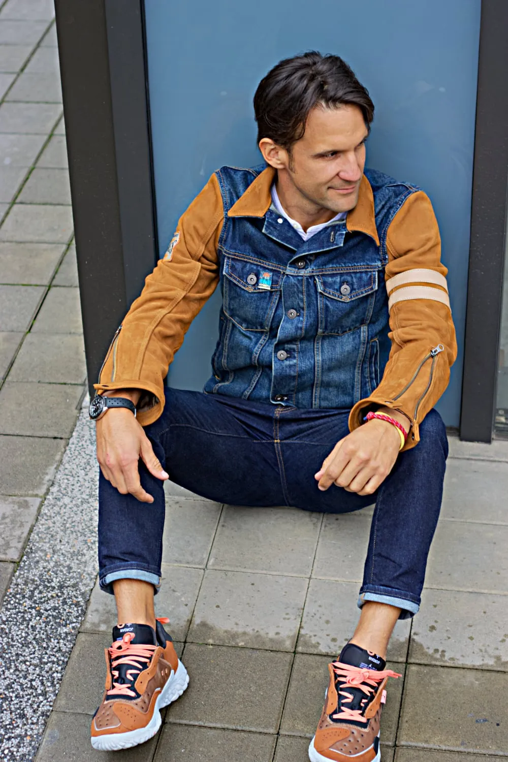 BROOKLYN HM2 Heroes Motor Edition Jean & Suede Jacket Blue Denim & Brown Sleeves with Tan Stripes