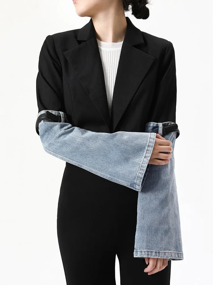 Colorblock Patchwork Denim Casual Coats For Women Lapel Long Sleeve Spliced Button Coat Female Fashion Clothing