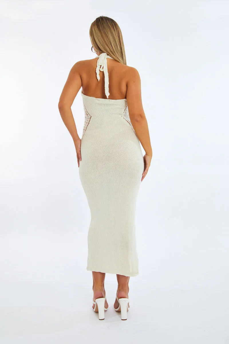 Cream Knit Contour Halter Neck Maxi Dress - Katya