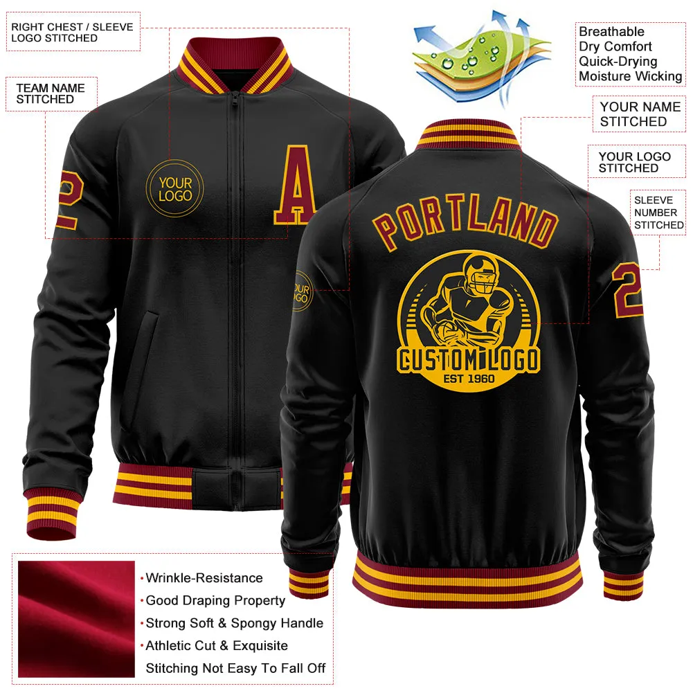 Custom Black Crimson-Gold Bomber Varsity Letterman Zipper Jacket