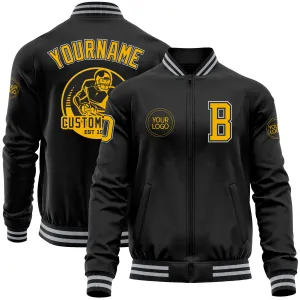 Custom Black Gold-Gray Bomber Varsity Letterman Zipper Jacket