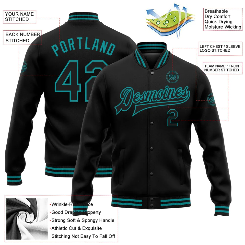 Custom Black Teal Bomber Full-Snap Varsity Letterman Jacket