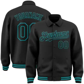 Custom Black Teal Bomber Full-Snap Varsity Letterman Lapel Collar Byron Jacket