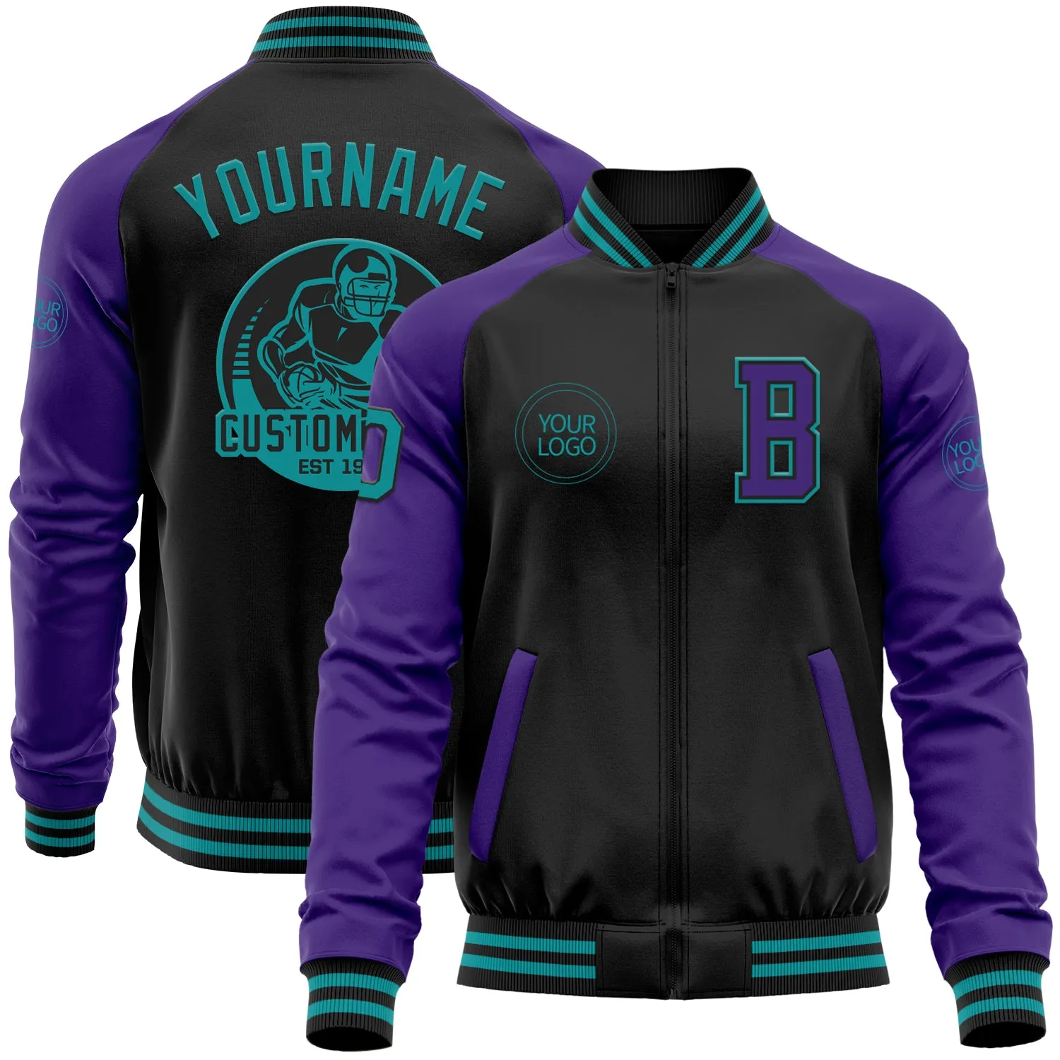 Custom Black Teal-Purple Bomber Varsity Letterman Two Tone Zipper Jacket