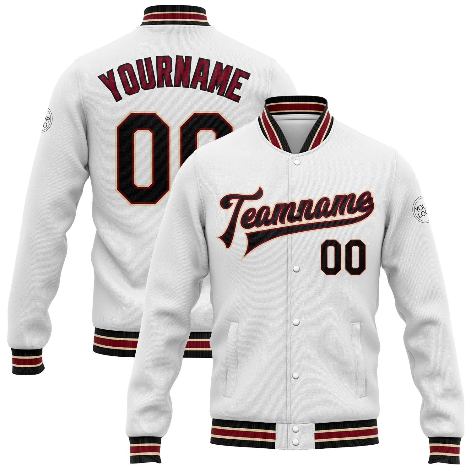 Custom White Black Crimson-City Cream Bomber Full-Snap Varsity Letterman Jacket