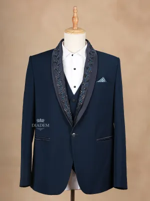 Dark Blue Coat Suit Set with Floral Embroidery Designs and Pocket Square