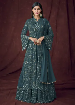 Fancy Fabric Teal Jacket Style Designer Lehenga Suit