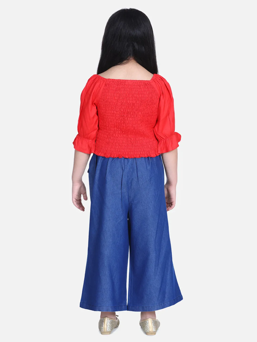 Girl's  Red Smocked Top With Denim Culottes - StyleStone Kid