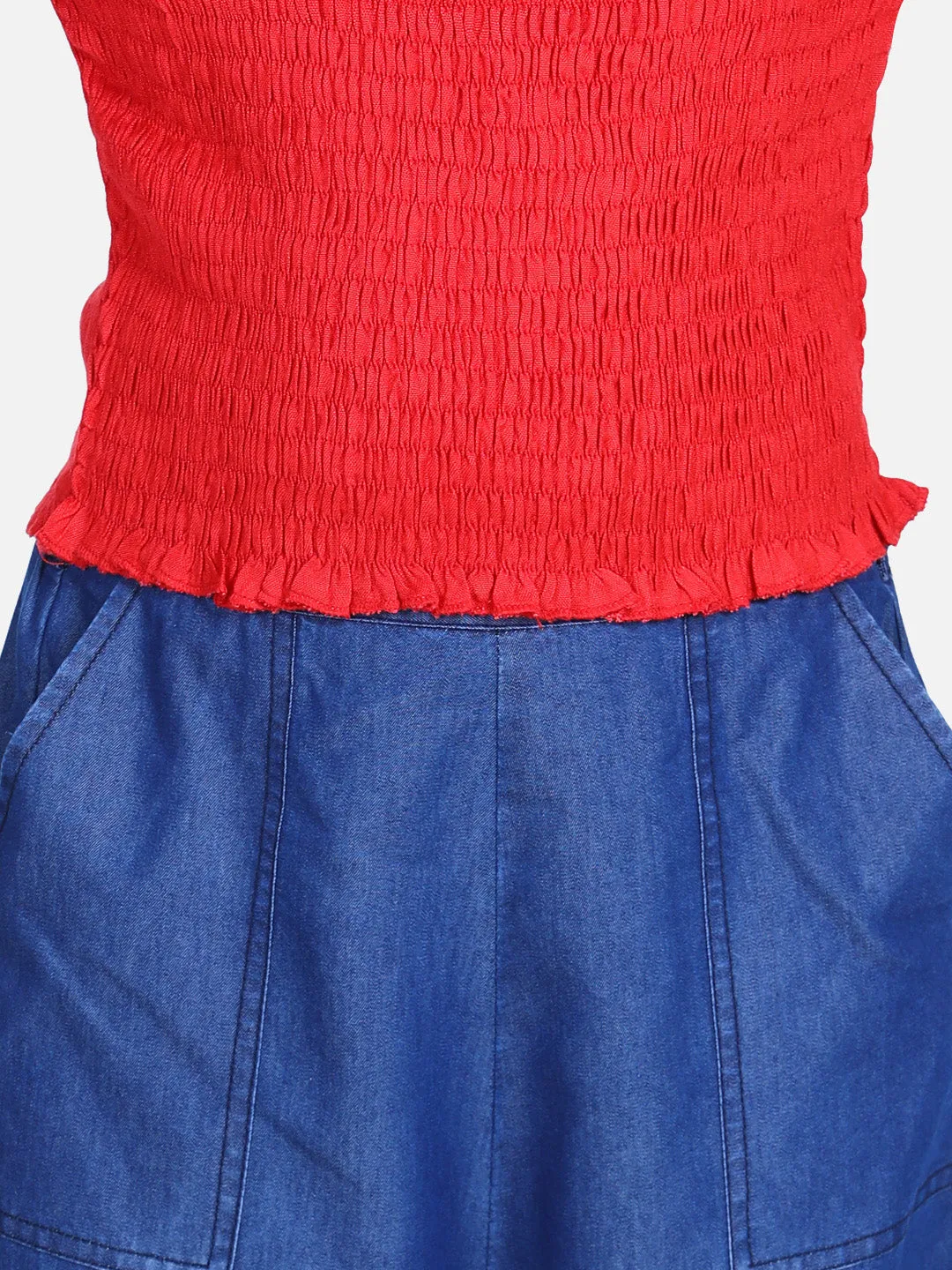 Girl's  Red Smocked Top With Denim Culottes - StyleStone Kid