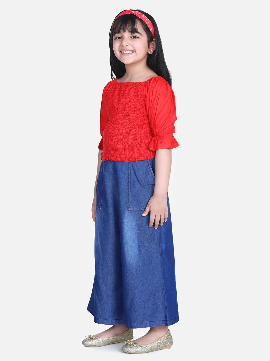 Girl's  Red Smocked Top With Denim Culottes - StyleStone Kid