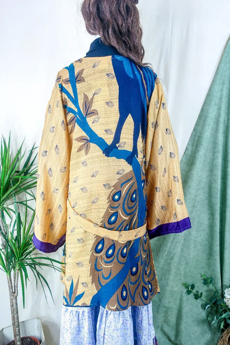 Karina Kimono Jacket - Vintage Sari - Peachy Peacock Print - Free Size XL