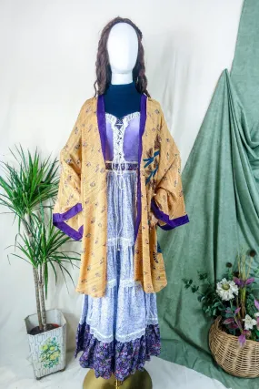 Karina Kimono Jacket - Vintage Sari - Peachy Peacock Print - Free Size XL