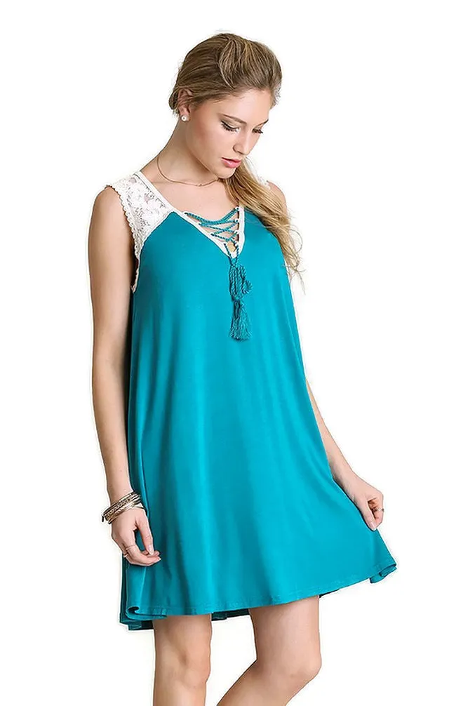 Lace Up Tassel Tie Dress, Teal