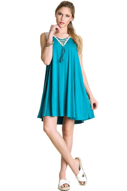 Lace Up Tassel Tie Dress, Teal