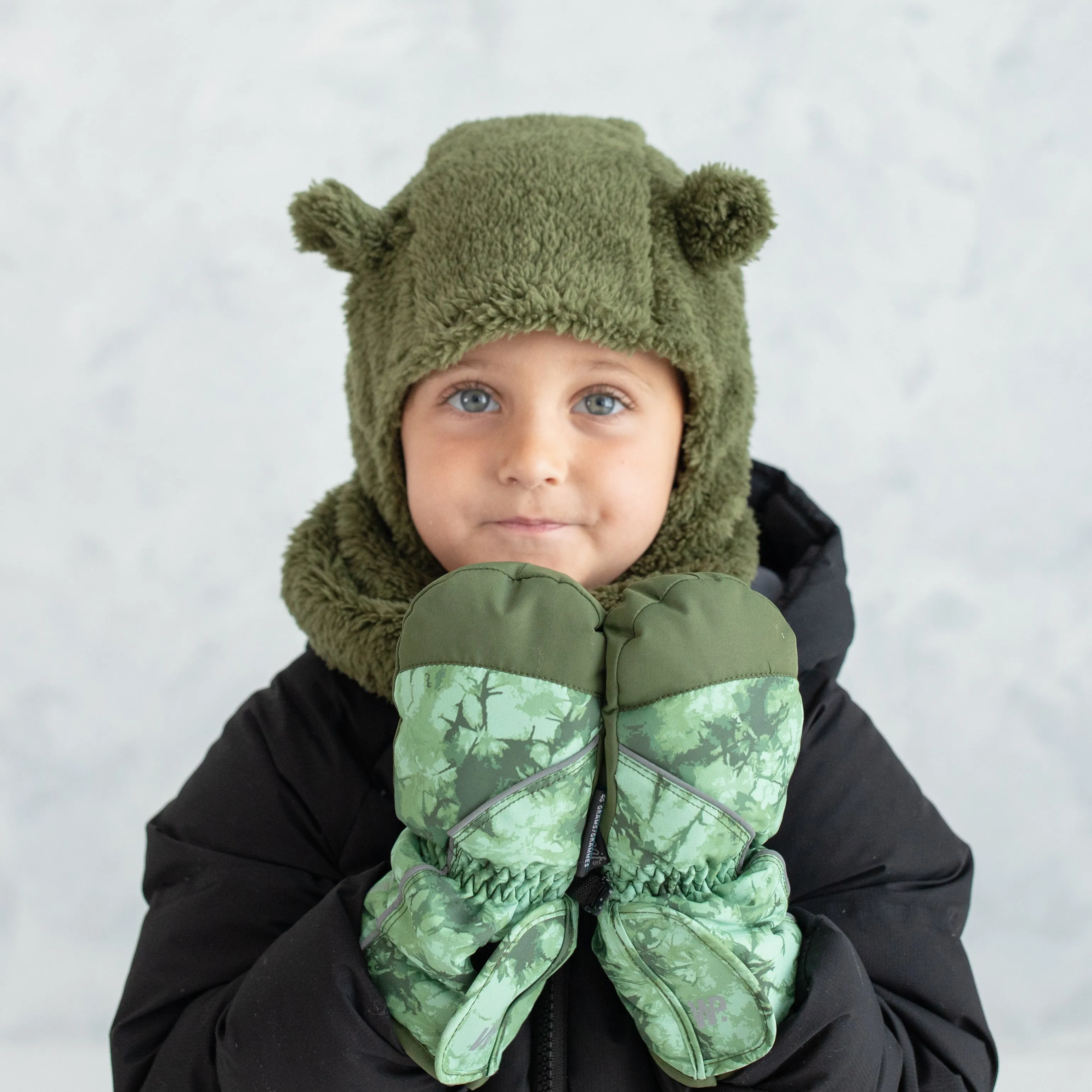 Little Boy's Army Green Plush Bear Ears Balaclava