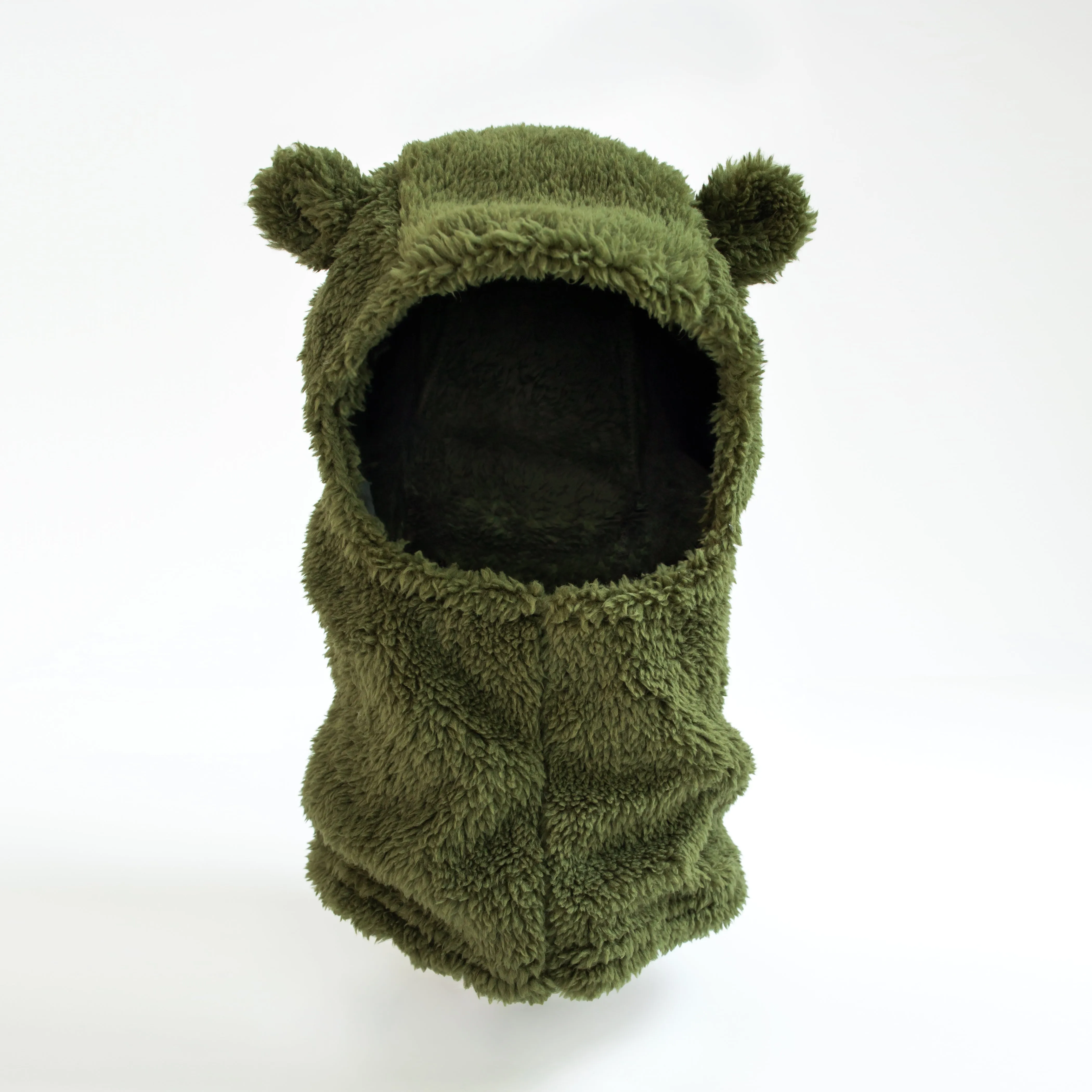 Little Boy's Army Green Plush Bear Ears Balaclava