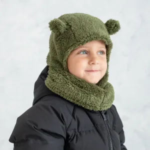 Little Boy's Army Green Plush Bear Ears Balaclava