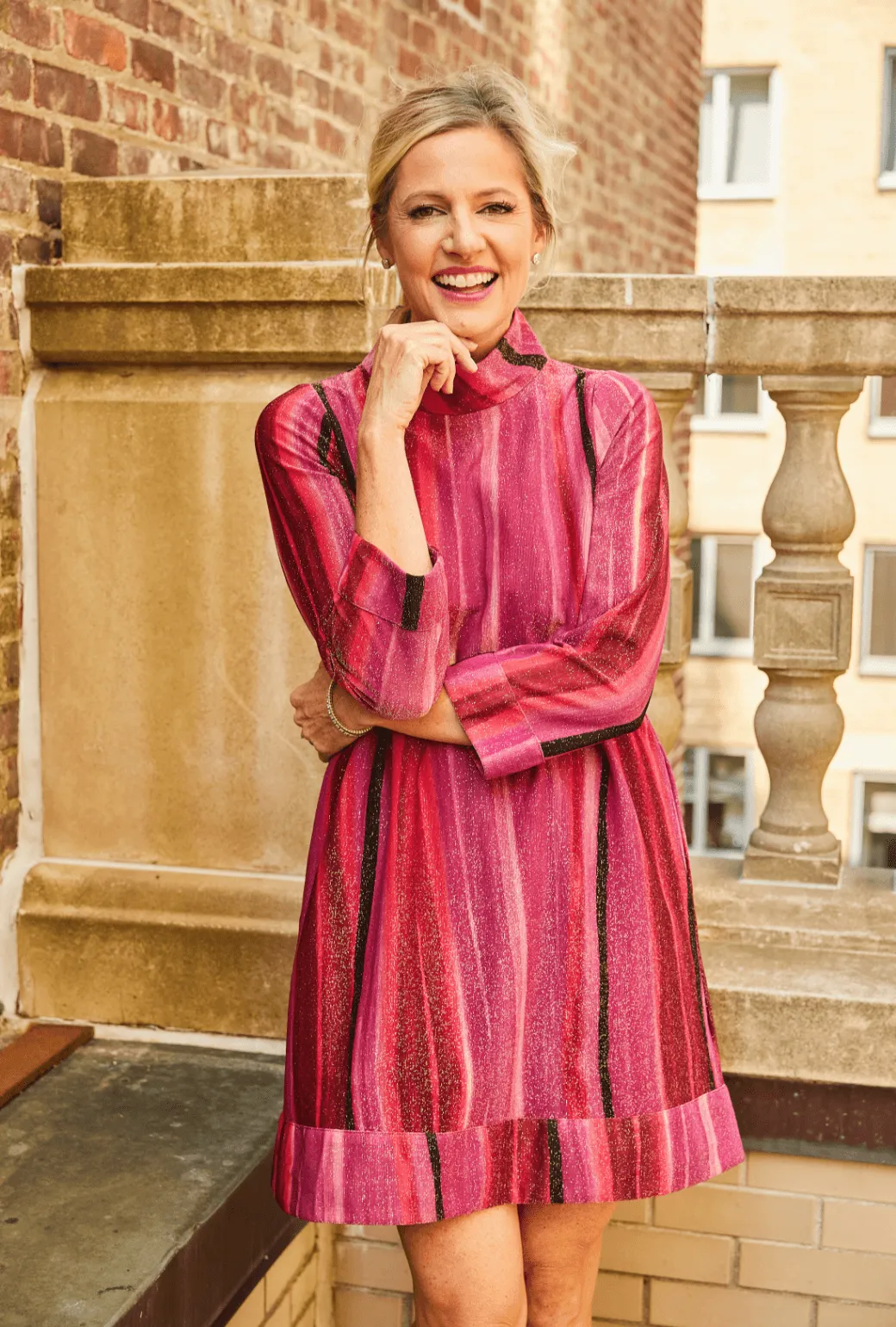 Long Sleeve Mod Dress- Fuchsia Lurex