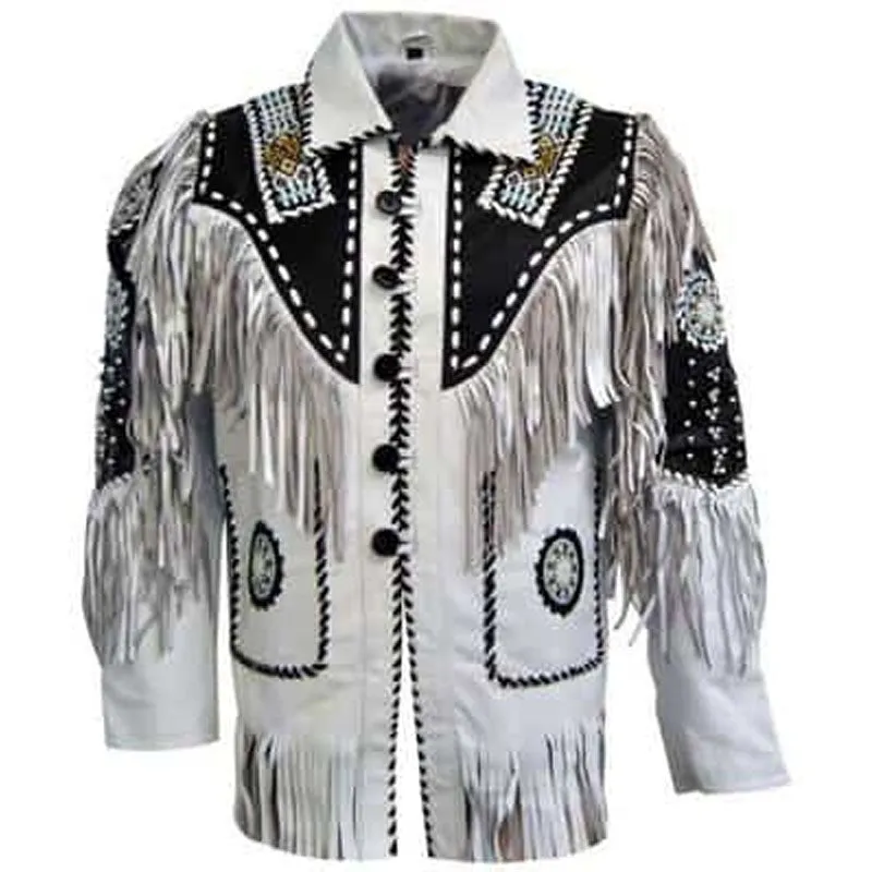 Men Best Genuine White Cow Leather Western Cowboy Jacket With Fringe