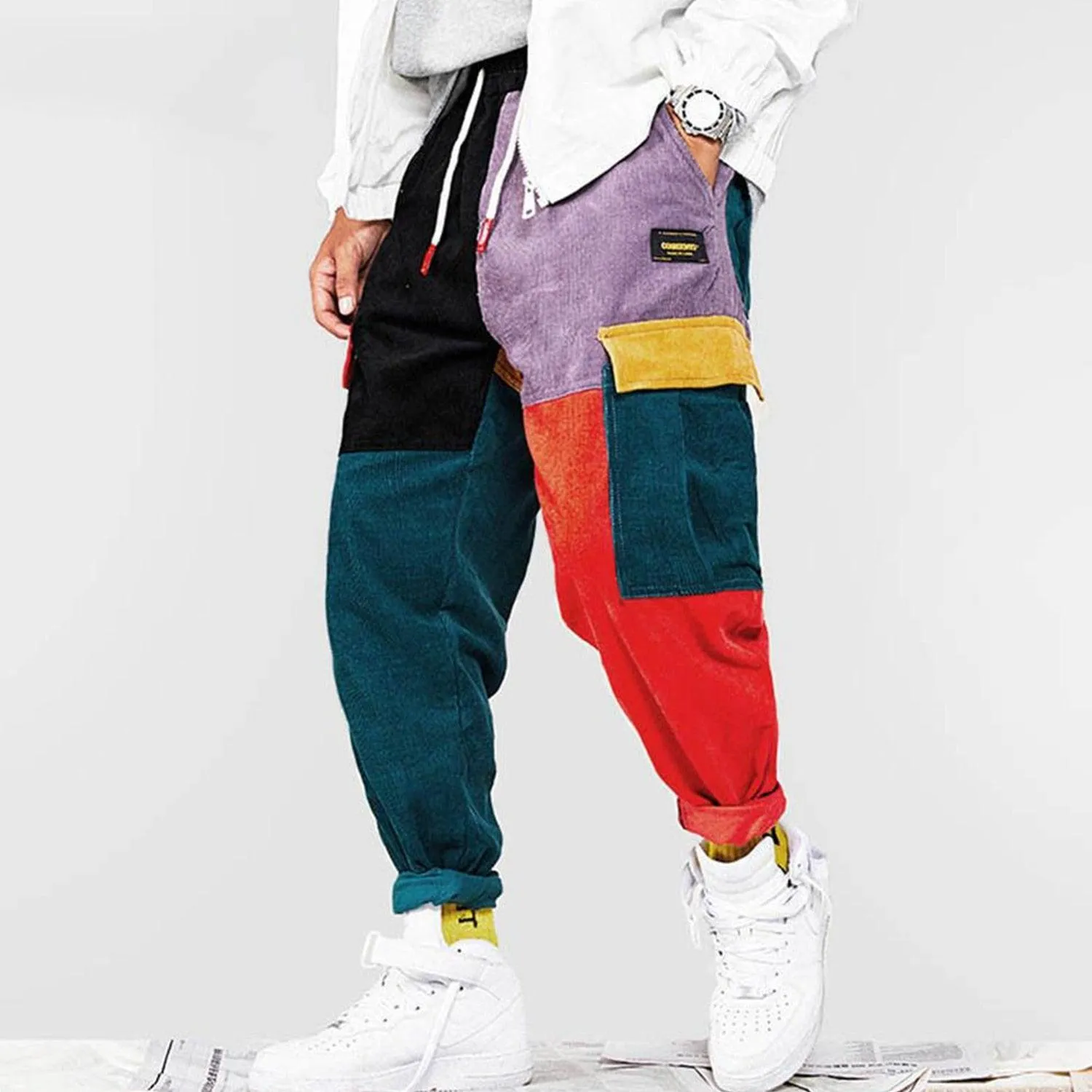 Men Corduroy Patchwork Cargo Pants