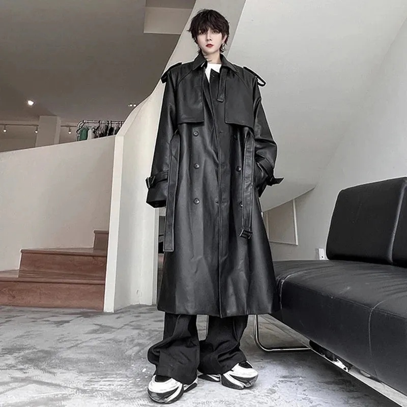 Men's Long Coat Mid Length Leather Trench Safari Style Niche Design Premium Streetwear Trend Male Pu Windbreakers 9C2027