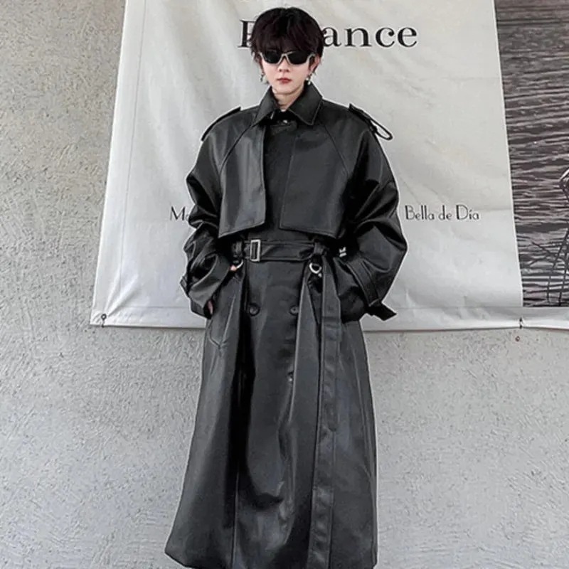 Men's Long Coat Mid Length Leather Trench Safari Style Niche Design Premium Streetwear Trend Male Pu Windbreakers 9C2027