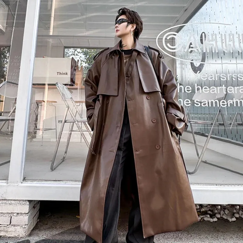 Men's Long Coat Mid Length Leather Trench Safari Style Niche Design Premium Streetwear Trend Male Pu Windbreakers 9C2027