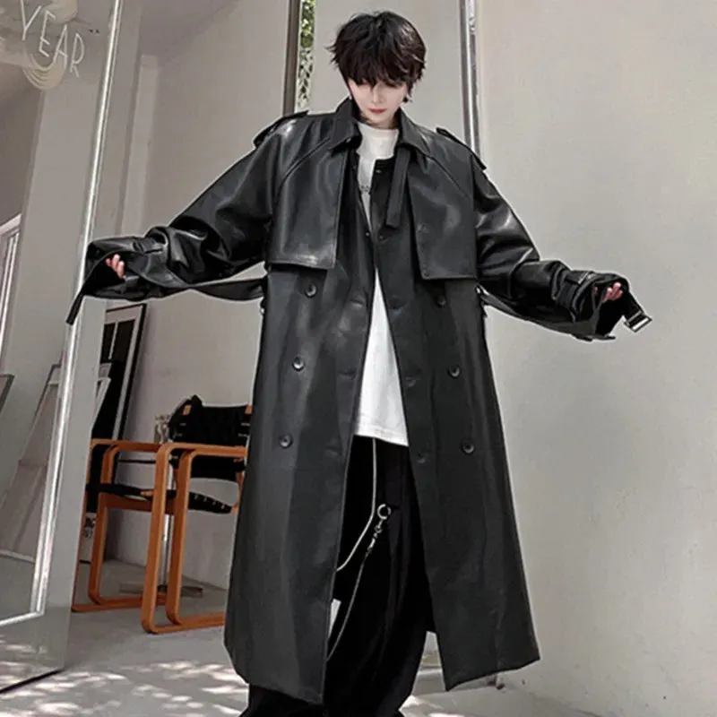 Men's Long Coat Mid Length Leather Trench Safari Style Niche Design Premium Streetwear Trend Male Pu Windbreakers 9C2027