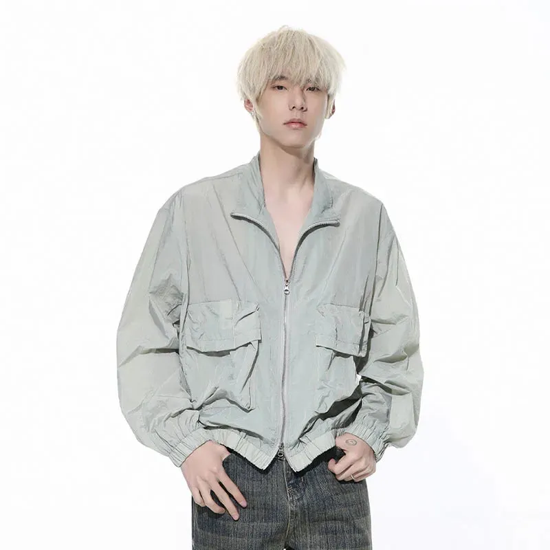 Men's Wear Coat Solid Color Thin Zipper Casual Trend Pocket Long Sleeve Summer Korean Style Male Top Lapel 9C5257