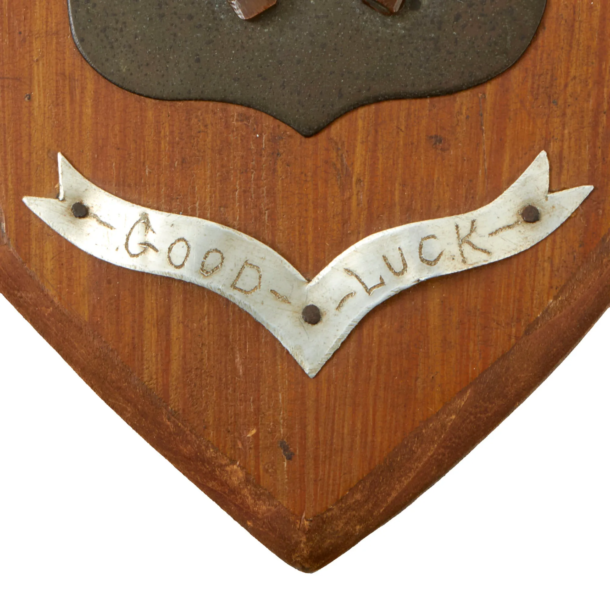 Original British WWI Souvenir Wooden Shield with Battlefield Pickups Sent to Woman's V.A.D. Leader Mrs. Elizabeth Trimble